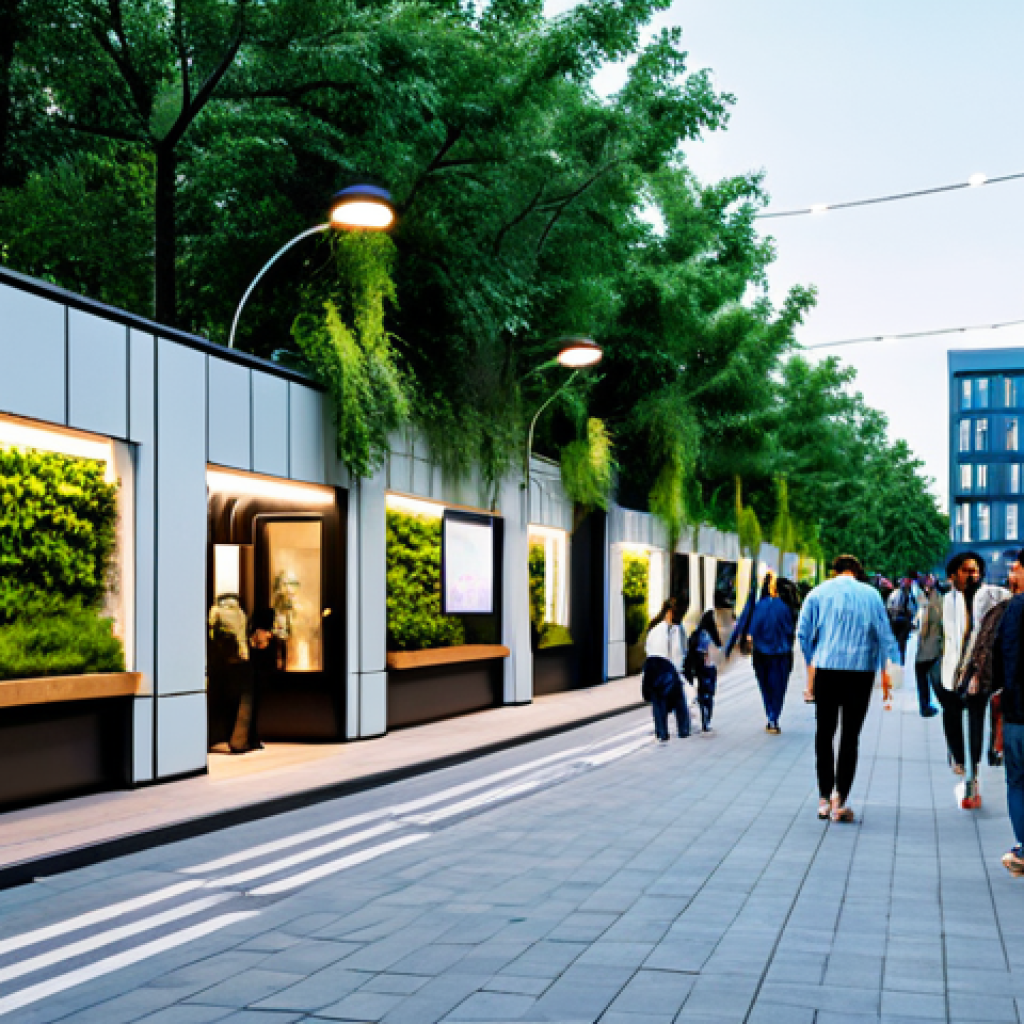 A vibrant urban public space, transformed from a former industrial zone, featuring modern, sustainable architecture, lush greenery, and integrated smart city technologies. People of diverse backgrounds are fully clothed in contemporary, modest attire, engaging in various daily activities like walking, sitting, and enjoying the open atmosphere. Smart streetlights and subtle digital information displays are visible. The scene exudes a sense of community and modern urban living, captured with professional photography, high quality, safe for work, appropriate content, family-friendly, perfect anatomy, correct proportions, natural pose, well-formed hands, proper finger count, natural body proportions.
