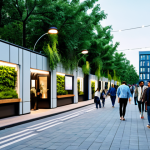 A vibrant urban public space, transformed from a former industrial zone, featuring modern, sustainable architecture, lush greenery, and integrated smart city technologies. People of diverse backgrounds are fully clothed in contemporary, modest attire, engaging in various daily activities like walking, sitting, and enjoying the open atmosphere. Smart streetlights and subtle digital information displays are visible. The scene exudes a sense of community and modern urban living, captured with professional photography, high quality, safe for work, appropriate content, family-friendly, perfect anatomy, correct proportions, natural pose, well-formed hands, proper finger count, natural body proportions.