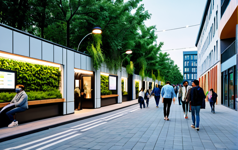 A vibrant urban public space, transformed from a former industrial zone, featuring modern, sustainable architecture, lush greenery, and integrated smart city technologies. People of diverse backgrounds are fully clothed in contemporary, modest attire, engaging in various daily activities like walking, sitting, and enjoying the open atmosphere. Smart streetlights and subtle digital information displays are visible. The scene exudes a sense of community and modern urban living, captured with professional photography, high quality, safe for work, appropriate content, family-friendly, perfect anatomy, correct proportions, natural pose, well-formed hands, proper finger count, natural body proportions.
