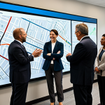 A diverse group of adults, including male and female urban planners, local officials, and engaged citizens, gathered around a large interactive digital map displaying urban development plans. They are fully clothed in professional, modest business attire, actively discussing and collaborating. The setting is a bright, modern community planning center with large windows. The atmosphere is constructive and forward-looking. This is a safe for work, appropriate content, family-friendly scene with perfect anatomy, correct proportions, well-formed hands, proper finger count, and natural poses. Professional photography, high quality.