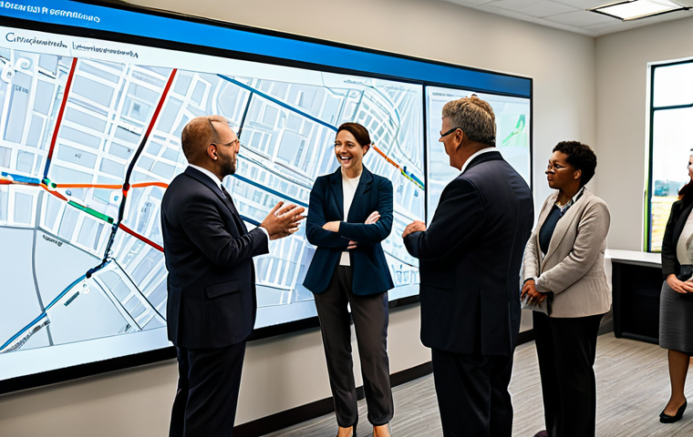 A diverse group of adults, including male and female urban planners, local officials, and engaged citizens, gathered around a large interactive digital map displaying urban development plans. They are fully clothed in professional, modest business attire, actively discussing and collaborating. The setting is a bright, modern community planning center with large windows. The atmosphere is constructive and forward-looking. This is a safe for work, appropriate content, family-friendly scene with perfect anatomy, correct proportions, well-formed hands, proper finger count, and natural poses. Professional photography, high quality.