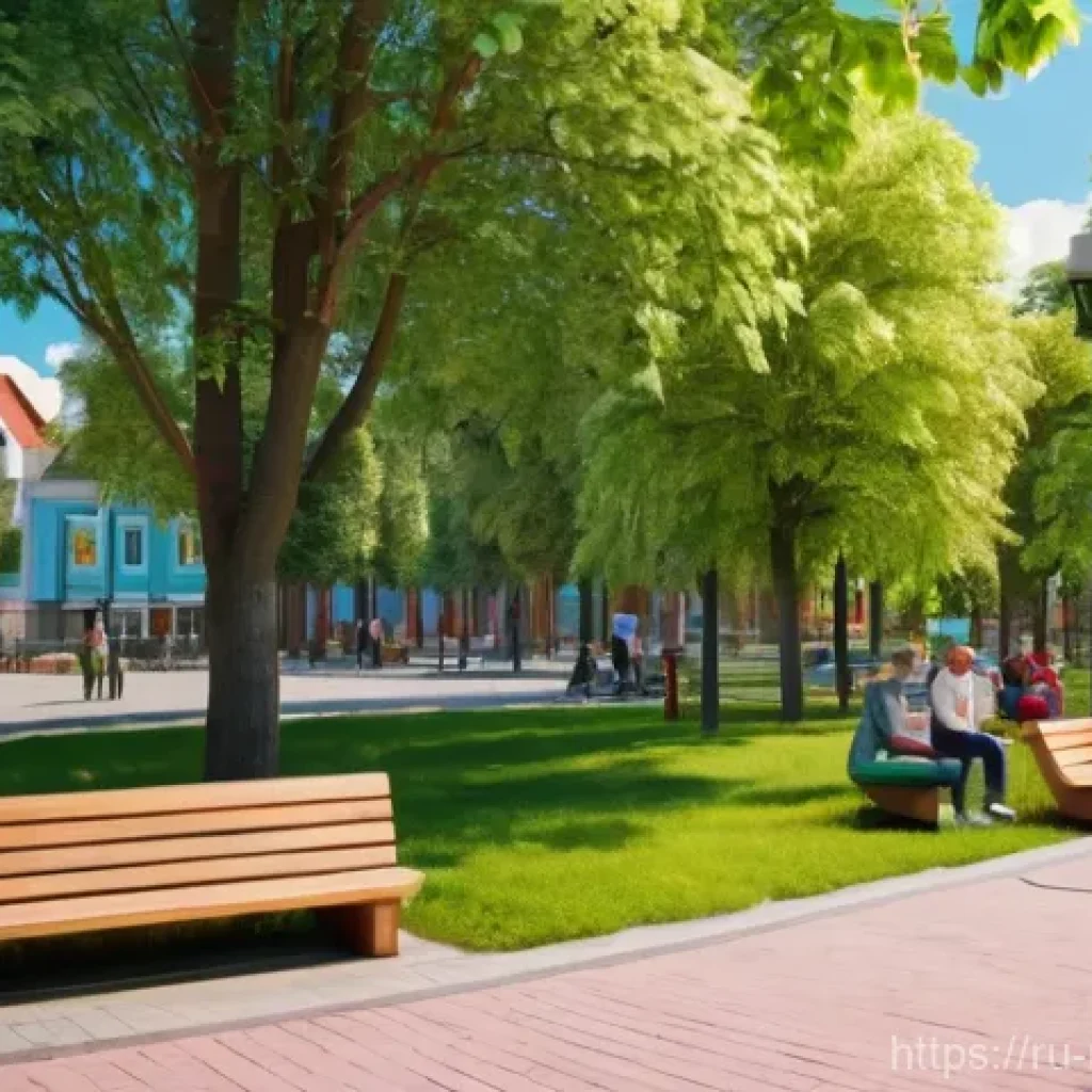 지역개발 프로젝트 제안서 작성 - A vibrant, newly renovated public park in a small Russian town. Children, wearing casual clothes, ar...