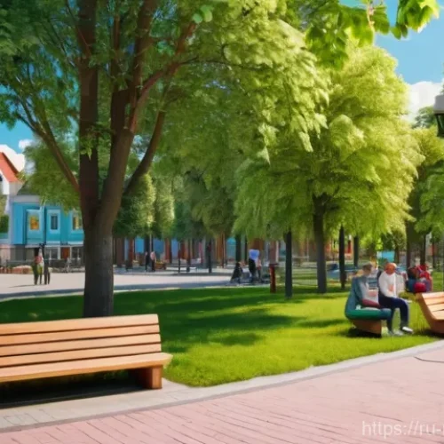 Home 23 지역개발 프로젝트 제안서 작성 - A vibrant, newly renovated public park in a small Russian town. Children, wearing casual clothes, ar...