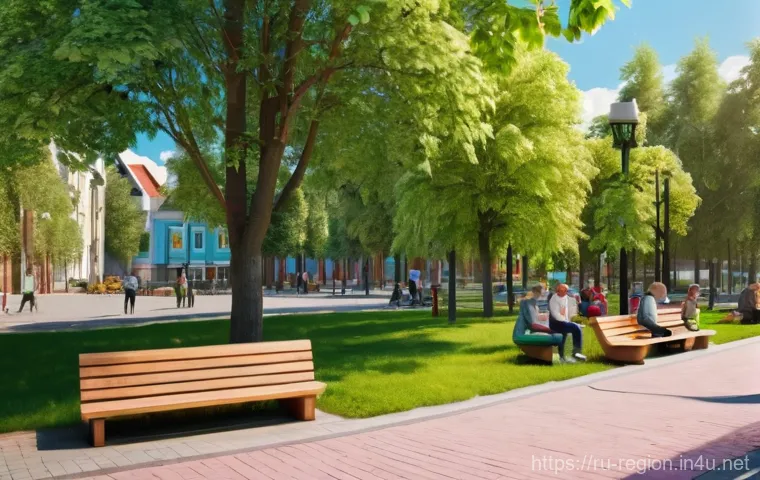지역개발 프로젝트 제안서 작성 - A vibrant, newly renovated public park in a small Russian town. Children, wearing casual clothes, ar...