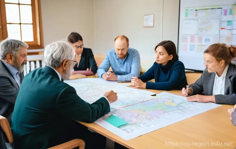 지역개발 프로젝트 제안서 작성 - A vibrant, newly renovated public park in a small Russian town. Children, wearing casual clothes, ar...