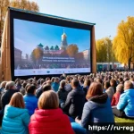 지역개발에서의 지역 커뮤니티 협력 - A vibrant community meeting held outdoors in a Russian regional town square during late afternoon, d...