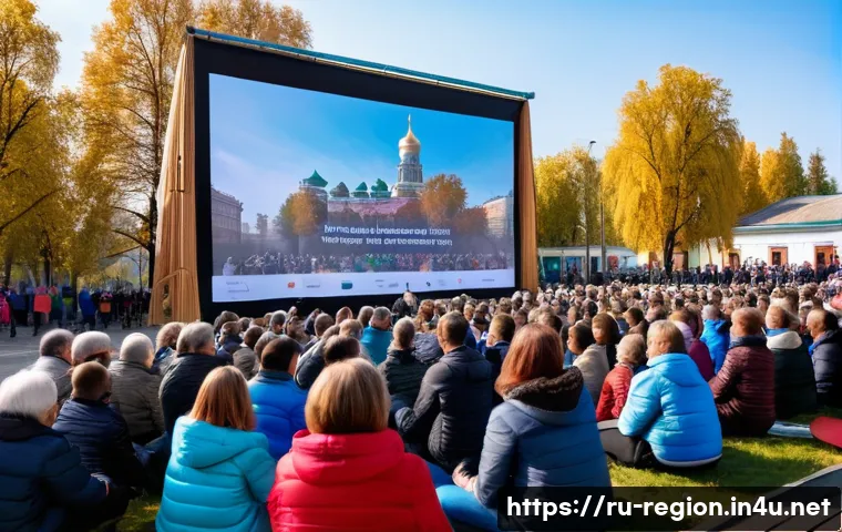 지역개발에서의 지역 커뮤니티 협력 - A vibrant community meeting held outdoors in a Russian regional town square during late afternoon, d...